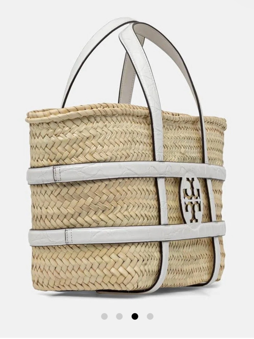 Tory Burch Ella Straw Basket Tote White Croc Embossed Trim + Dust Bag. NWT - Picture 3 of 15